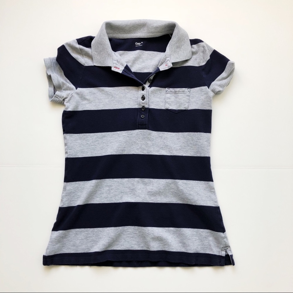 Gray and navy horizontal striped polo from GAP